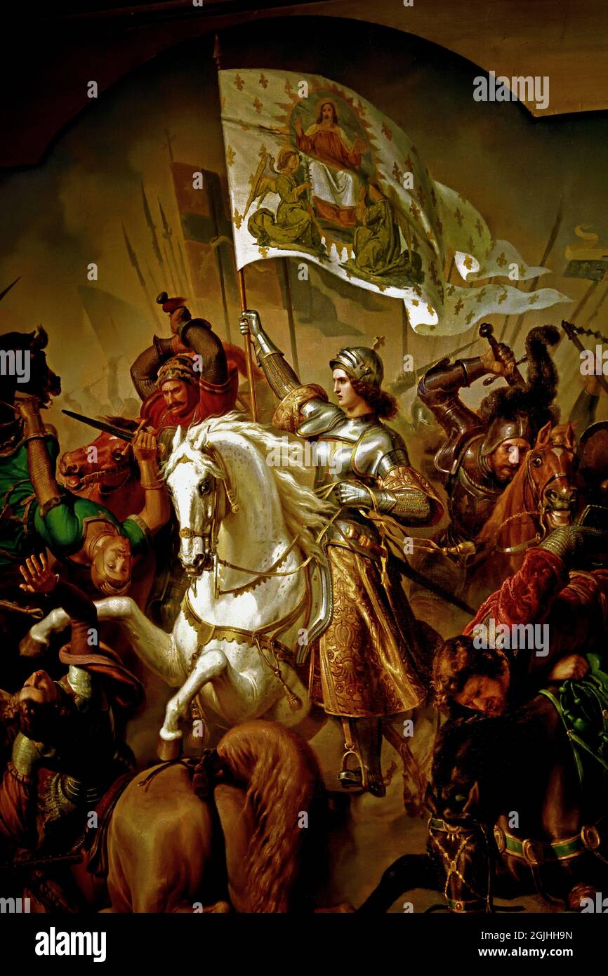 Jeanne D`Arc in battle (Middle panel of the life of Jeanne D`Arc), 1843 France French ( Joan of Arc, The Maid of Orléans, heroine of France for her role during the Lancastrian phase of the Hundred Years' War, canonized as a saint. ) Stock Photo